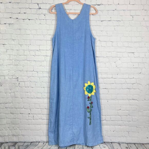 Mishi Maxi Linen Dress Women Small Chambray Hand Painted Artsy Pockets Boho - Picture 3 of 14